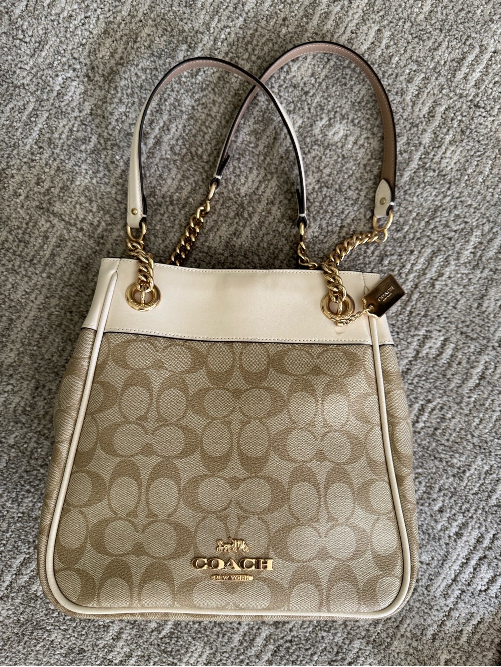 Coach Cammi Chain Bucket Bag Signature Canvas Shoulder Bag with Cream Trim